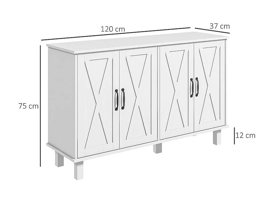 Buffet 4 portes 2 étagères style rural chic façades portes à croisillons blanc