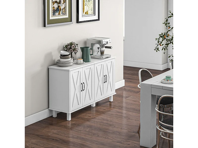 Buffet 4 portes 2 étagères style rural chic façades portes à croisillons blanc