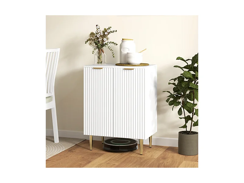 Buffet 2 portes étagère design effet cannelé métal doré blanc