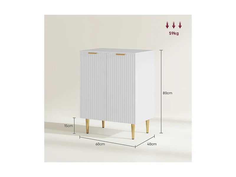 Buffet 2 portes étagère design effet cannelé métal doré blanc