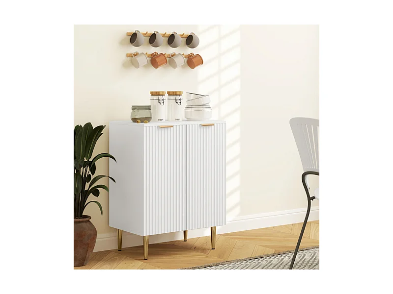 Buffet 2 portes étagère design effet cannelé métal doré blanc