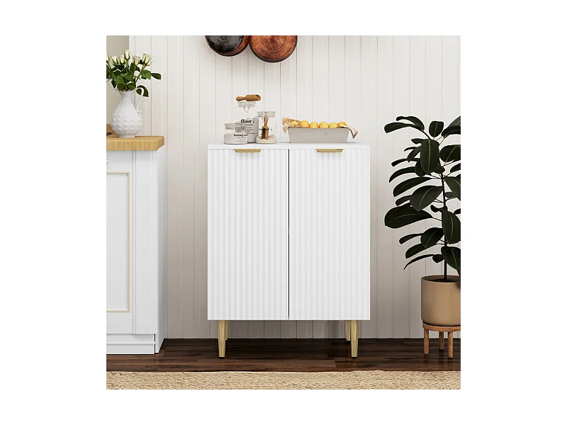 Buffet 2 portes étagère design effet cannelé métal doré blanc