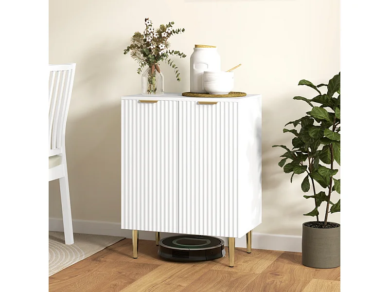 Buffet 2 portes étagère design effet cannelé métal doré blanc