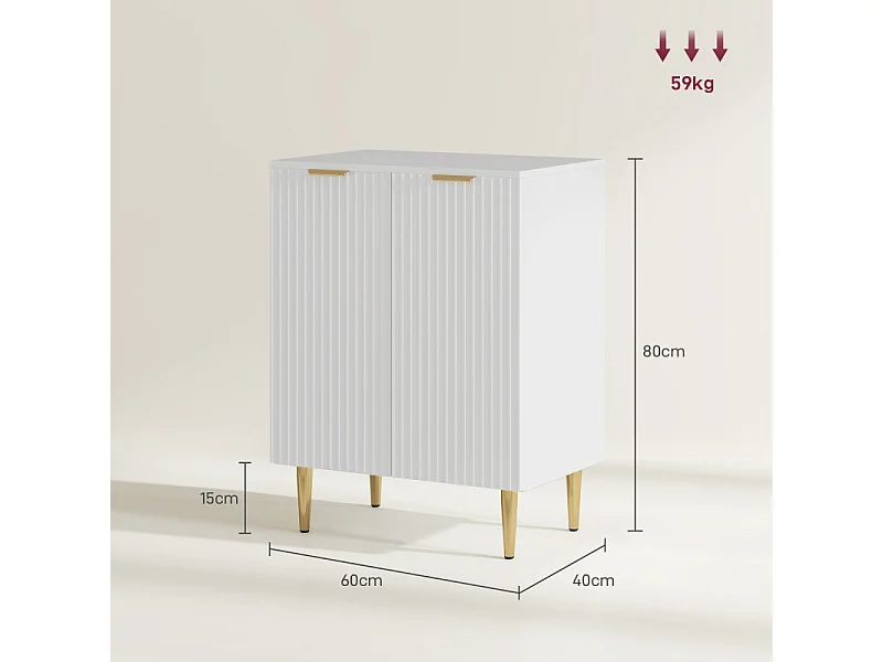 Buffet 2 portes étagère design effet cannelé métal doré blanc