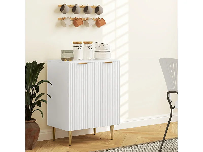 Buffet 2 portes étagère design effet cannelé métal doré blanc