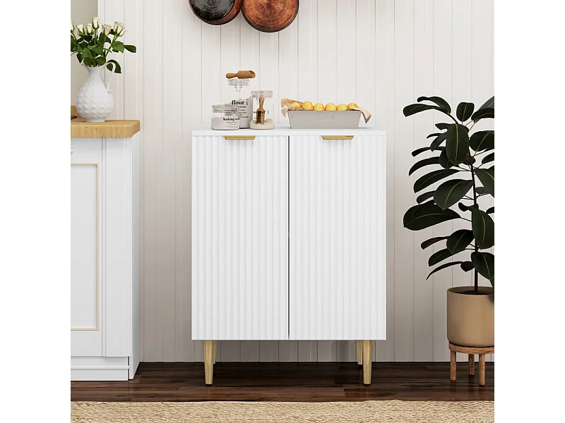 Buffet 2 portes étagère design effet cannelé métal doré blanc