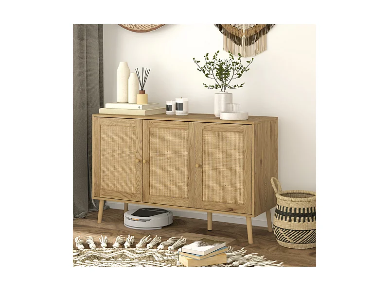 Buffet style cosy chic rotin - 3 portes, 2 étagères - effet bois naturel