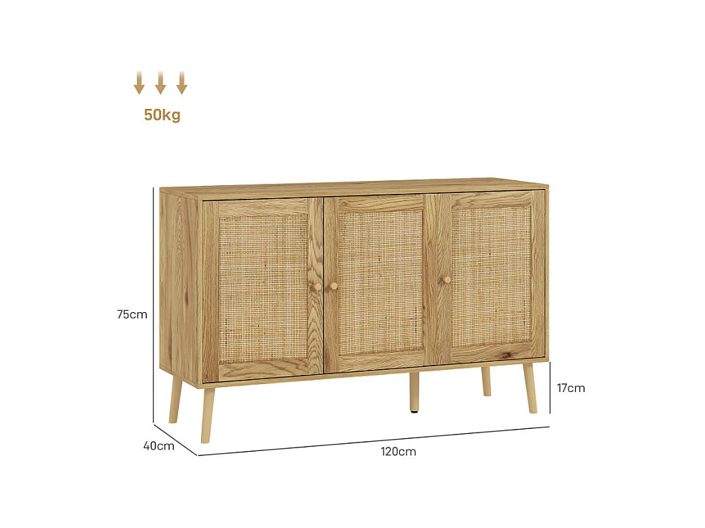Buffet style cosy chic rotin - 3 portes, 2 étagères - effet bois naturel