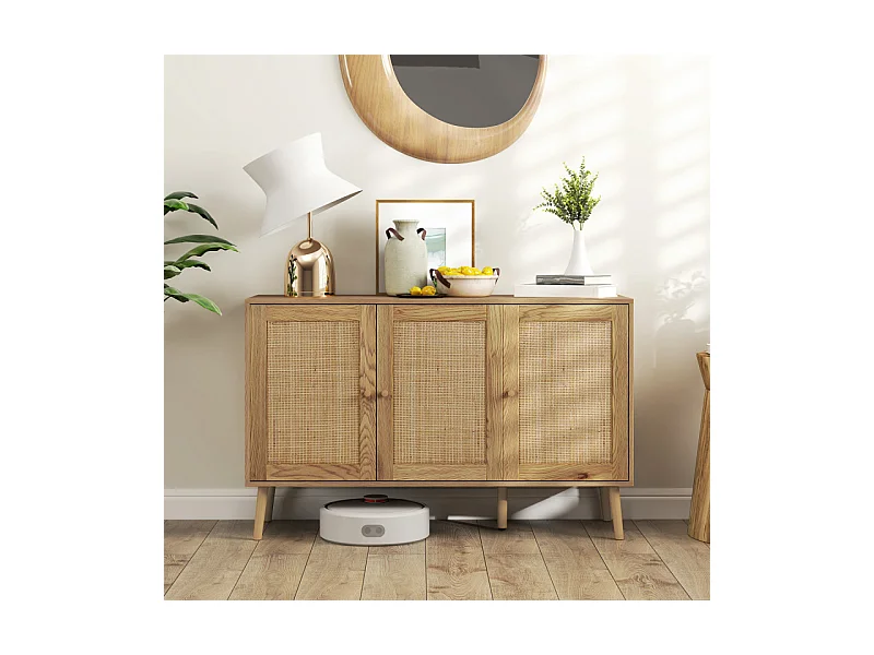 Buffet style cosy chic rotin - 3 portes, 2 étagères - effet bois naturel