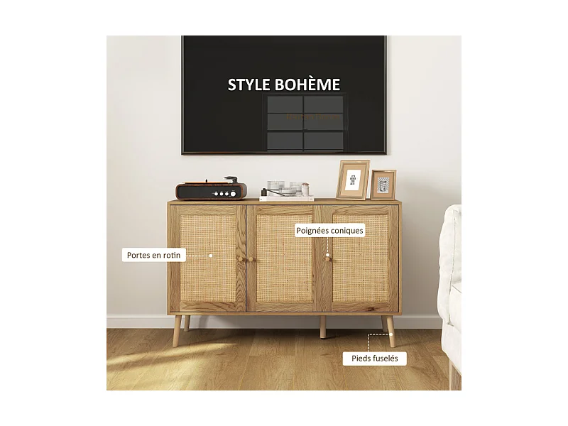 Buffet style cosy chic rotin - 3 portes, 2 étagères - effet bois naturel