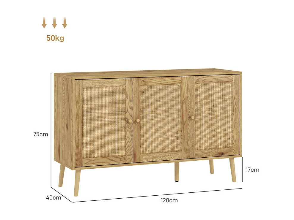 Buffet style cosy chic rotin - 3 portes, 2 étagères - effet bois naturel