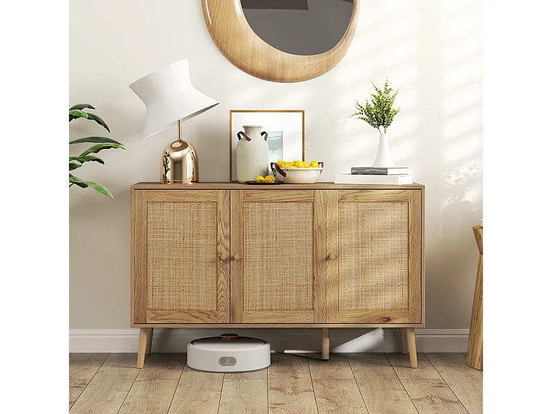 Buffet style cosy chic rotin - 3 portes, 2 étagères - effet bois naturel
