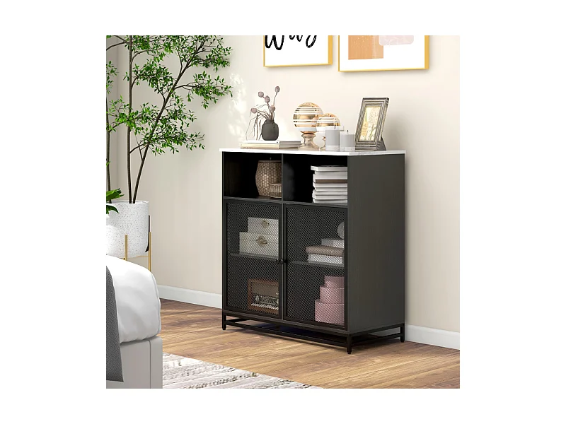 Meuble de rangement buffet 2 portes avec plateau aspect marbre 86 x 40 x 90 cm