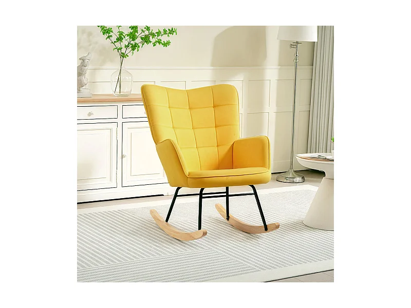 Fauteuil à bascule rocking chair design acier piètement bois effet velours