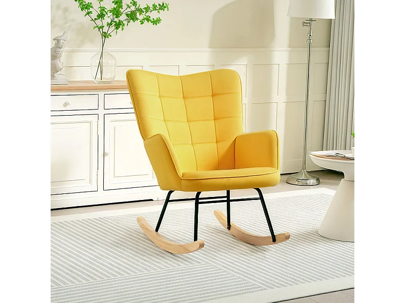 Fauteuil à bascule rocking chair design acier piètement bois effet velours