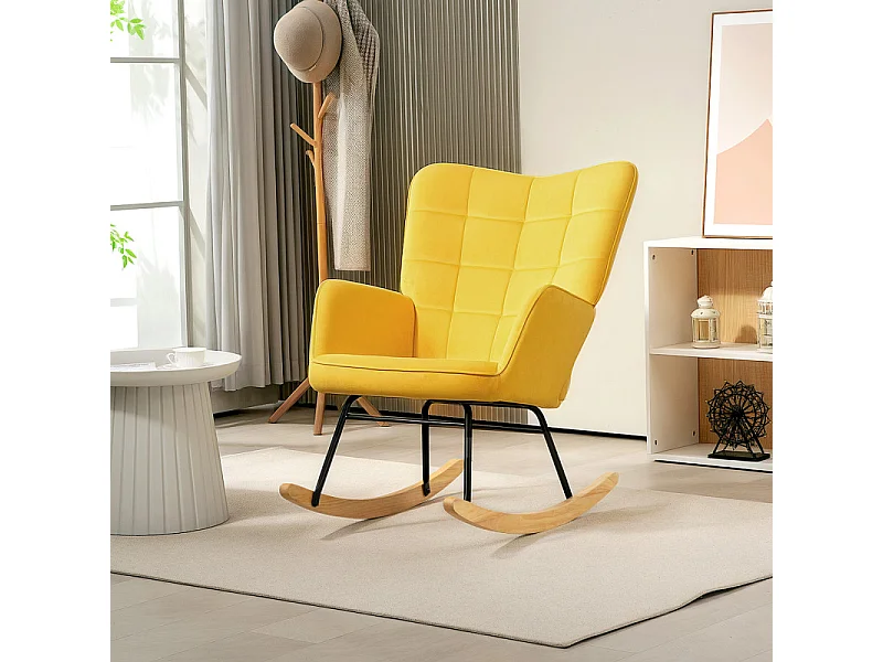 Fauteuil à bascule rocking chair design acier piètement bois effet velours