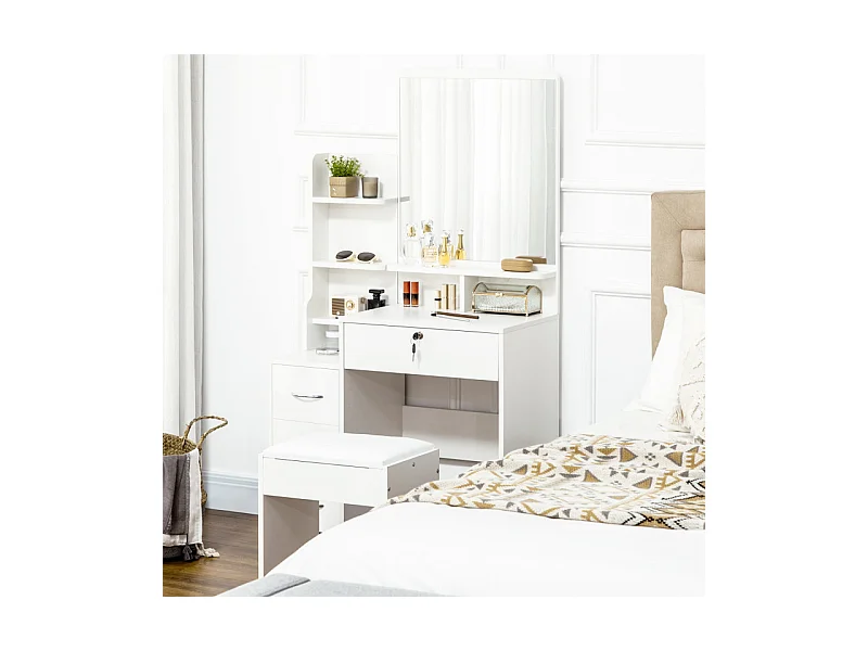 Ensemble coiffeuse tabouret design 4 tiroirs 4 étagères et miroir