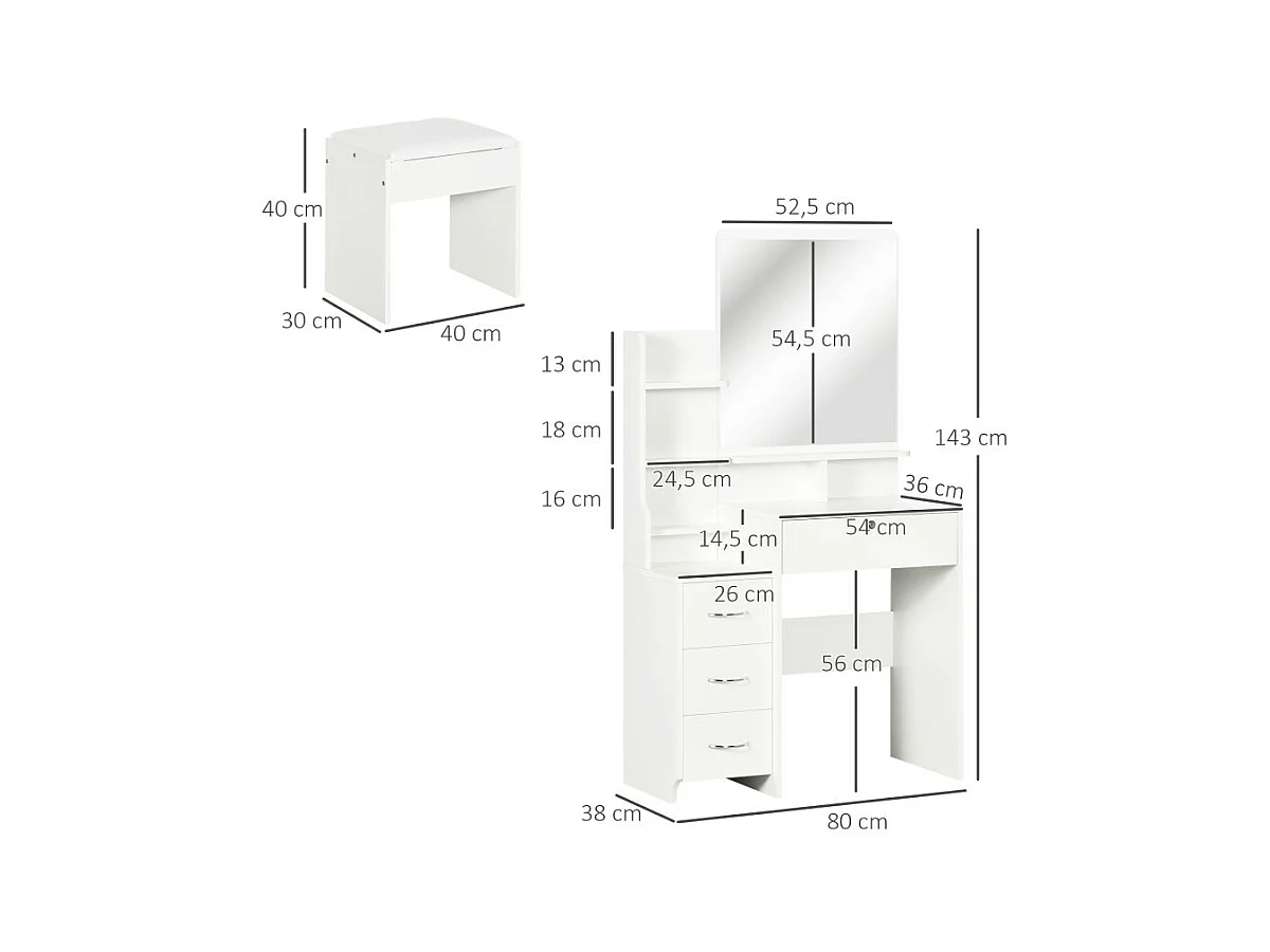 Ensemble coiffeuse tabouret design 4 tiroirs 4 étagères et miroir