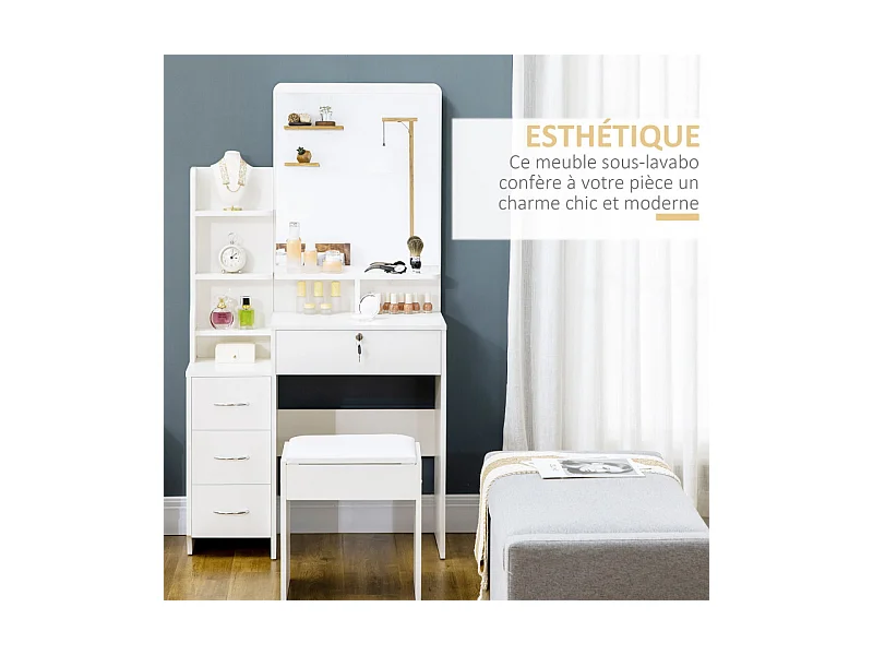 Ensemble coiffeuse tabouret design 4 tiroirs 4 étagères et miroir