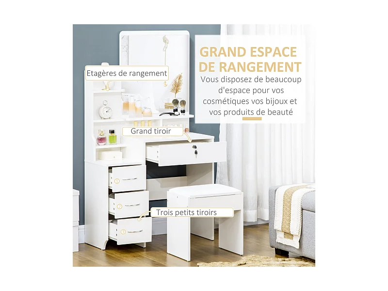 Ensemble coiffeuse tabouret design 4 tiroirs 4 étagères et miroir