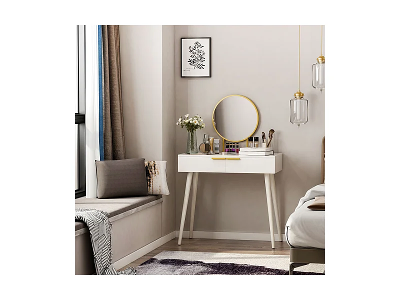 Coiffeuse miroir rond style Art déco - 2 tiroirs - métal doré effet bois blanc