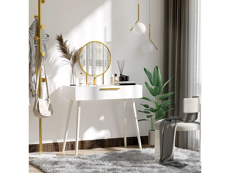 Coiffeuse miroir rond style Art déco - 2 tiroirs - métal doré effet bois blanc