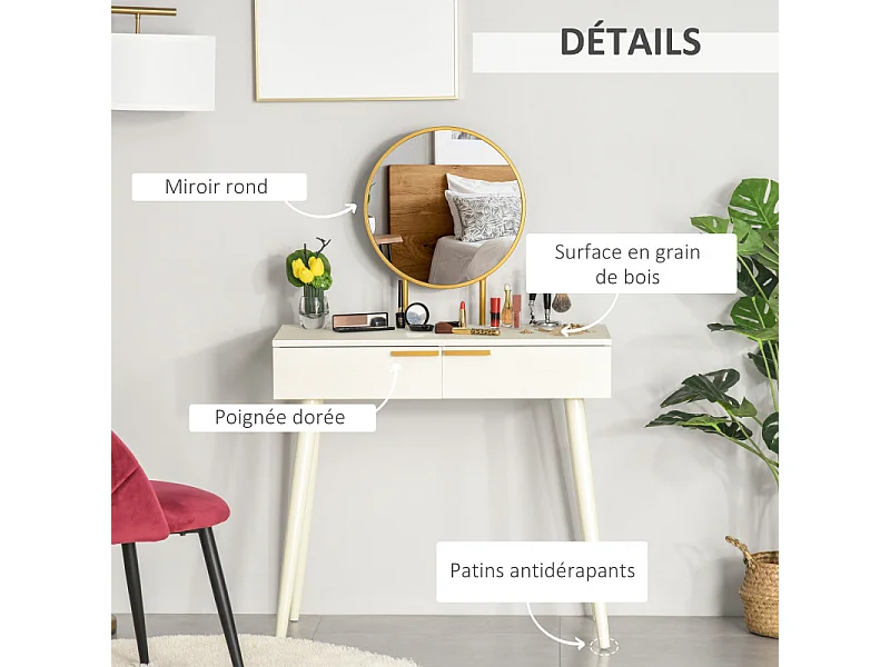 Coiffeuse miroir rond style Art déco - 2 tiroirs - métal doré effet bois blanc
