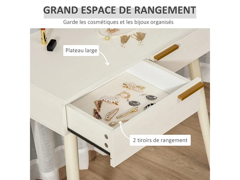Coiffeuse miroir rond style Art déco - 2 tiroirs - métal doré effet bois blanc