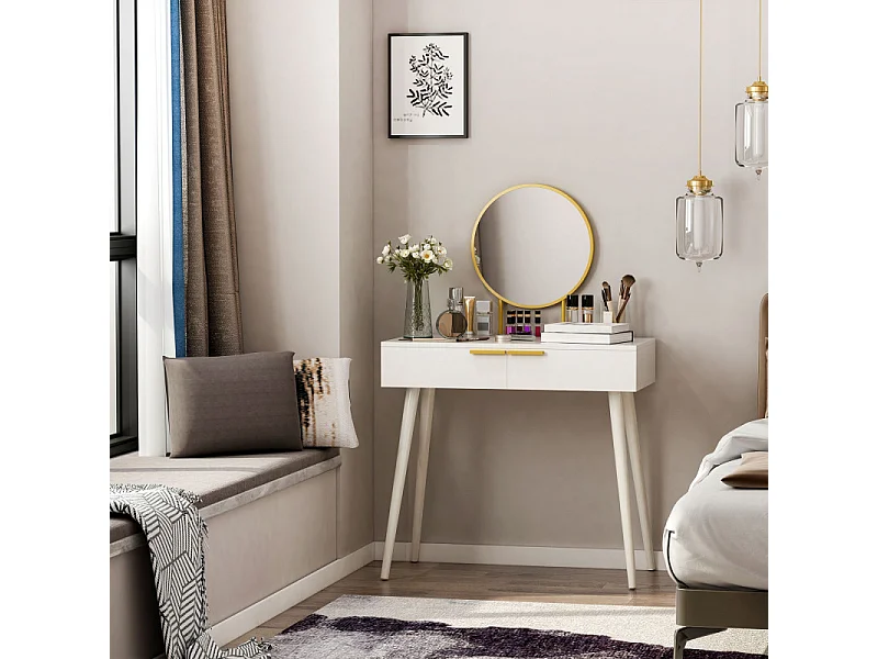 Coiffeuse miroir rond style Art déco - 2 tiroirs - métal doré effet bois blanc