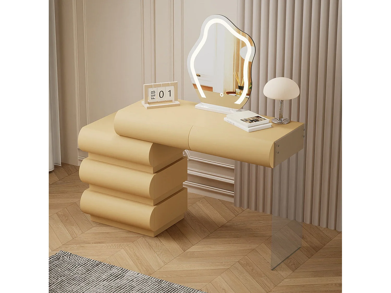 Coiffeuse avec 5 tiroirs arrondis et miroir design L102cm Mezade Beige