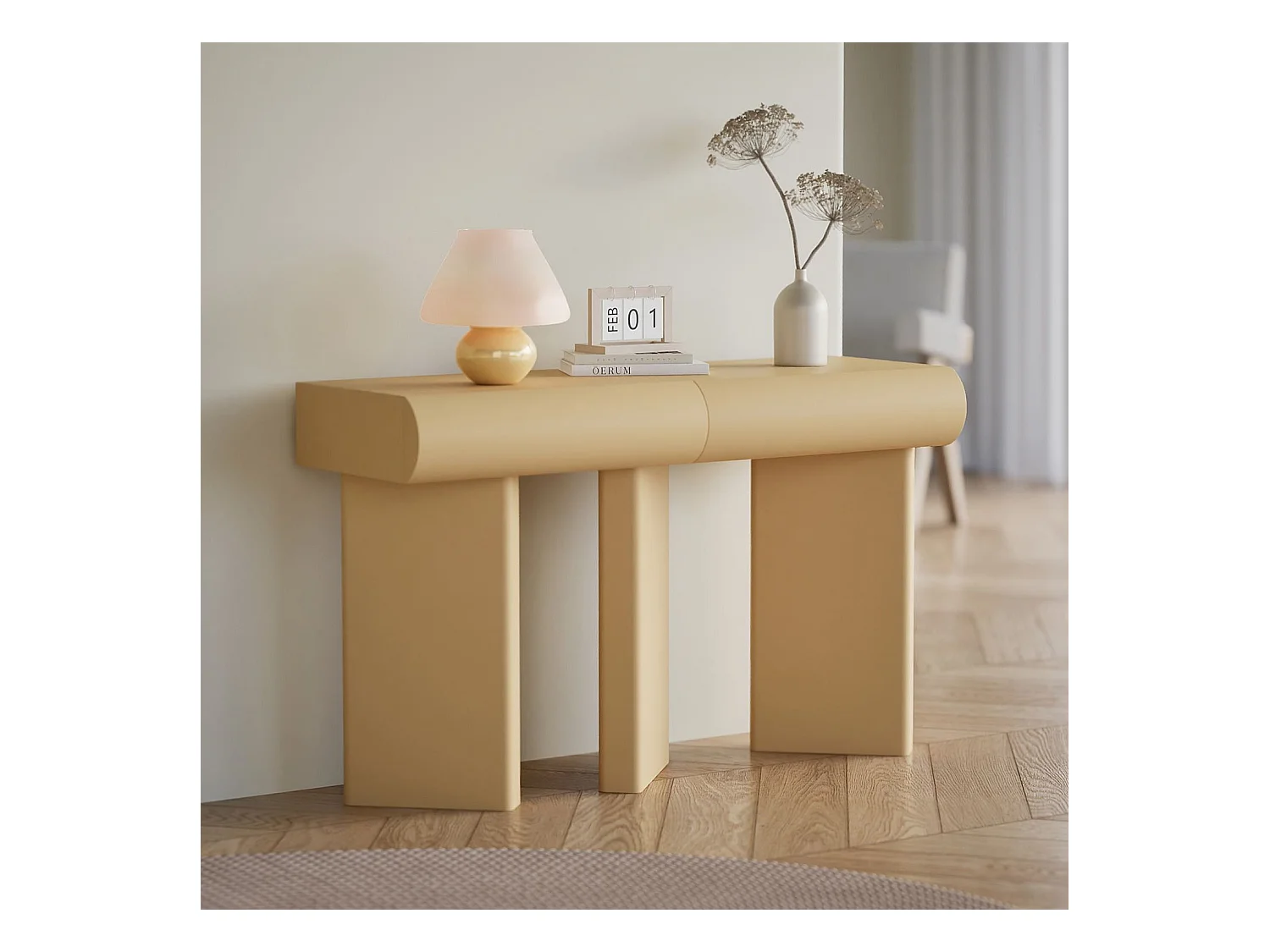 Console design 2 tiroirs L120cm avec pieds obliques Mezade Beige