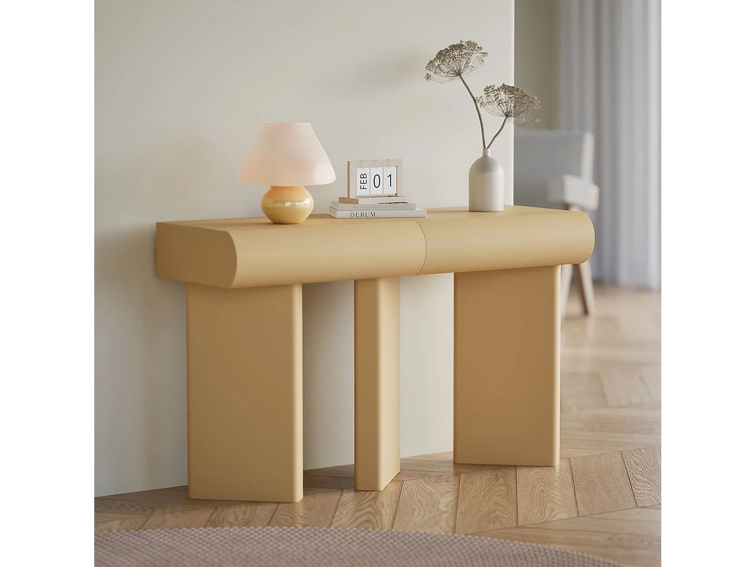 Console design 2 tiroirs L120cm avec pieds obliques Mezade Beige