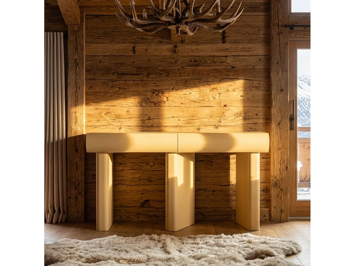 Console design 2 tiroirs L120cm avec pieds obliques Mezade Beige