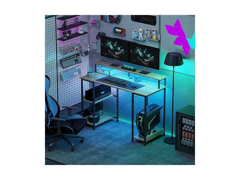 Bureau informatique design industriel LED acier noir effet bois naturel
