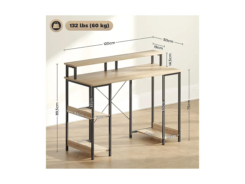 Bureau informatique design industriel LED acier noir effet bois naturel