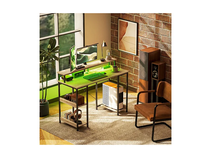 Bureau informatique design industriel LED acier noir effet bois naturel