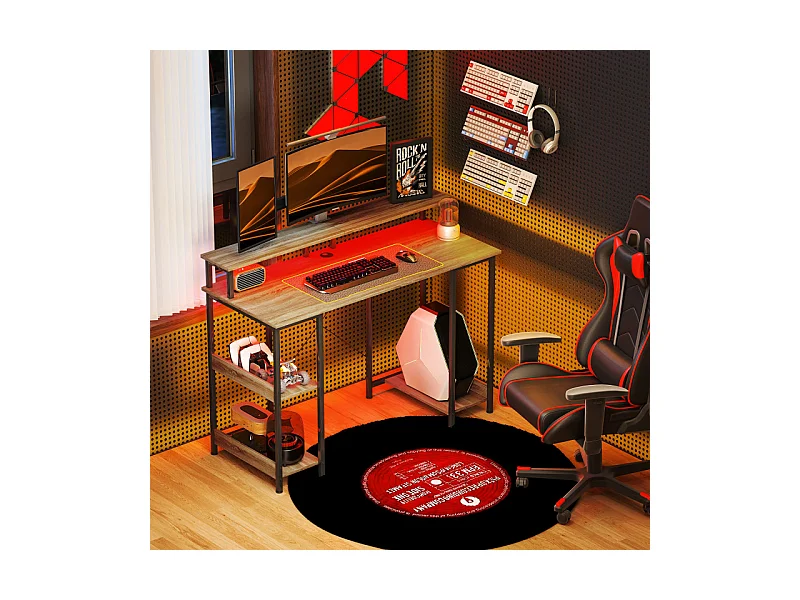 Bureau informatique design industriel LED acier noir effet bois naturel