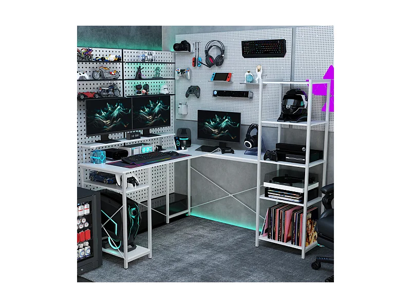 Bureau d'angle design contemporain multi-rangement métal panneaux blanc