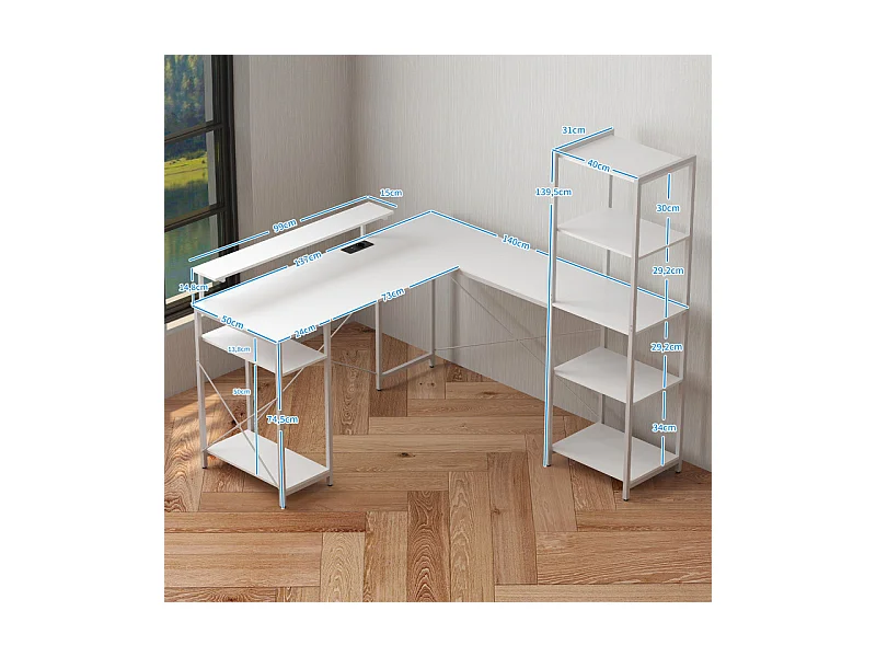 Bureau d'angle design contemporain multi-rangement métal panneaux blanc