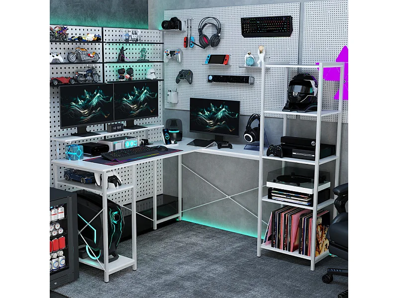 Bureau d'angle design contemporain multi-rangement métal panneaux blanc