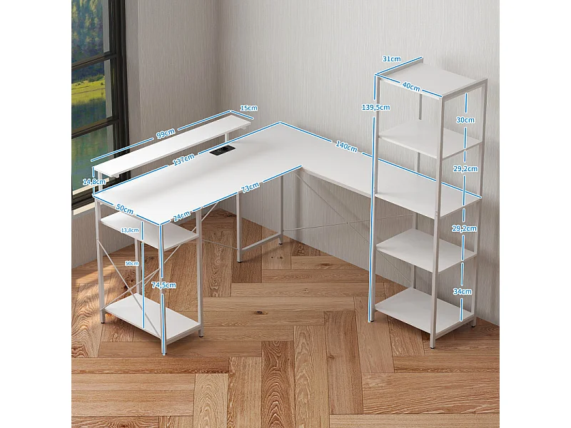 Bureau d'angle design contemporain multi-rangement métal panneaux blanc