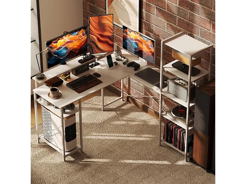 Bureau d'angle design contemporain multi-rangement métal panneaux blanc