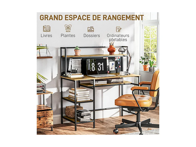 Bureau informatique industriel avec 4 étagères et panneau noir