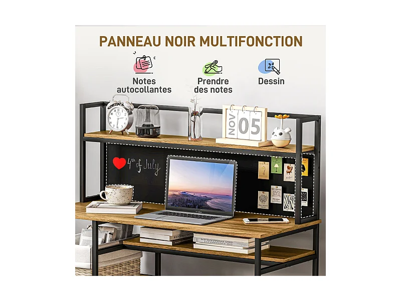 Bureau informatique industriel avec 4 étagères et panneau noir