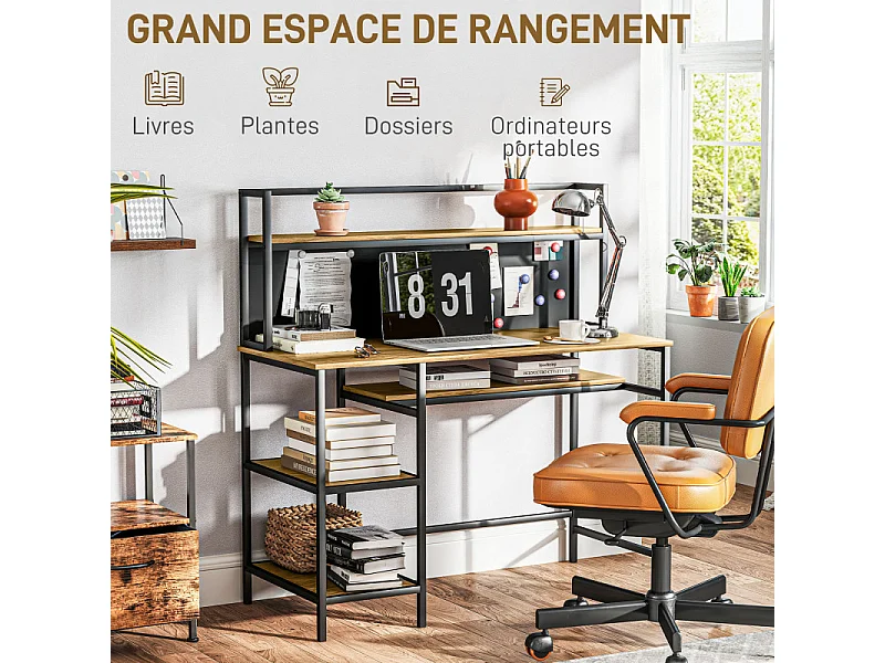 Bureau informatique industriel avec 4 étagères et panneau noir