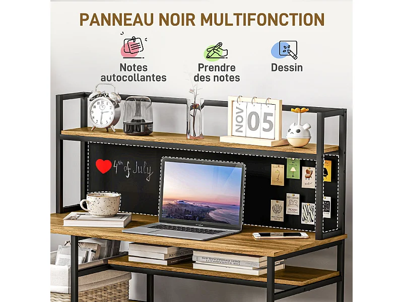 Bureau informatique industriel avec 4 étagères et panneau noir