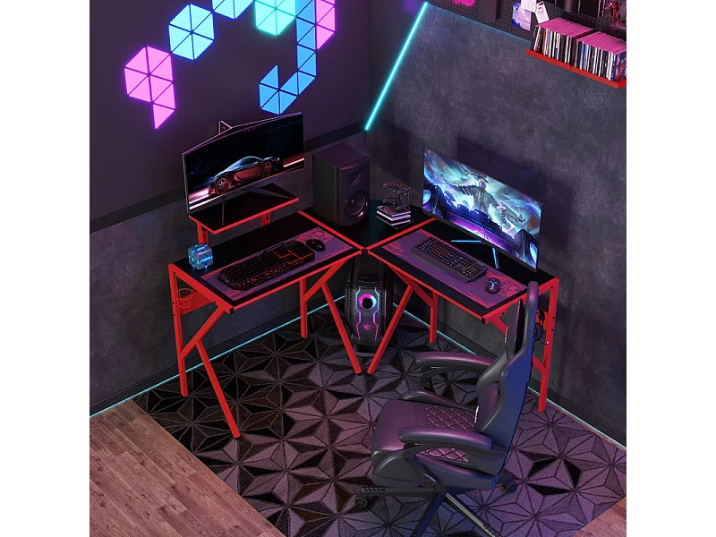 Bureau gaming d'angle bracket casque et gobelet étagère écran métal panneaux