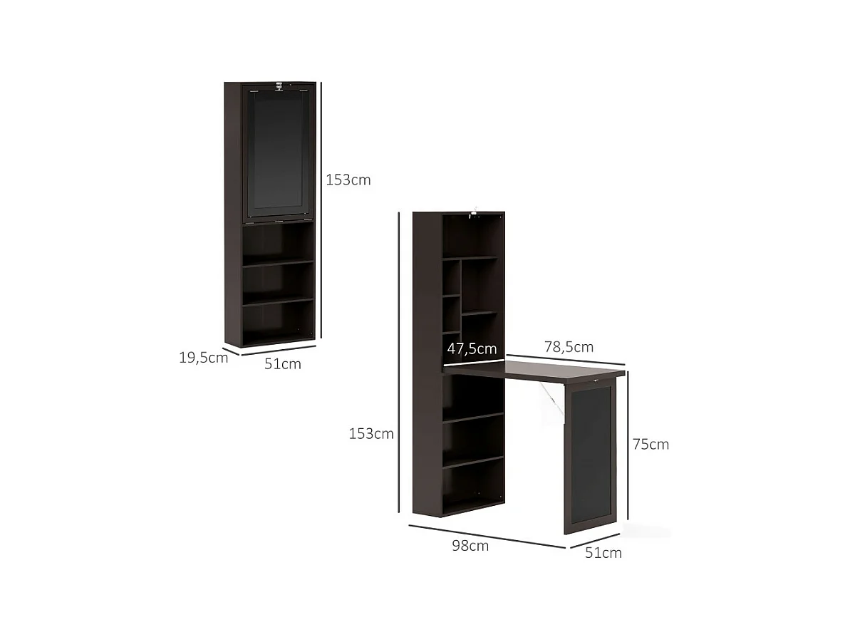 Bureau mural pliable bibliothèque avec tableau craie intégré