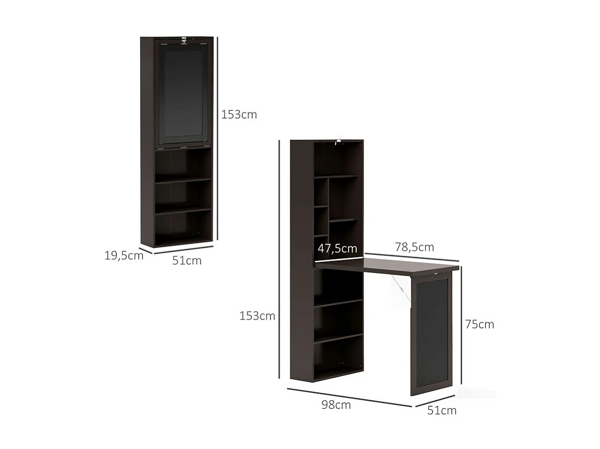 Bureau mural pliable bibliothèque avec tableau craie intégré