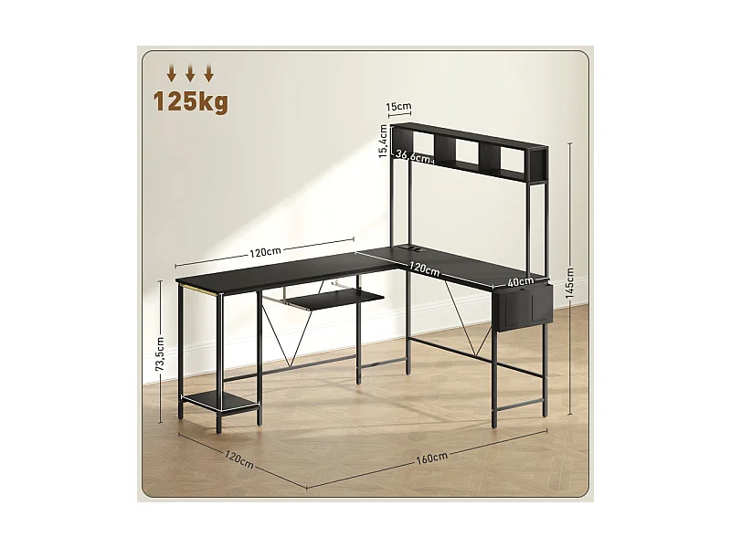 Bureau d'angle réversible design multi-rangement métal effet bois noir
